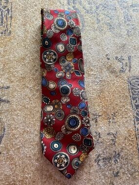Hugo Boss Red Tie with Blue and Gold Circular Motifs